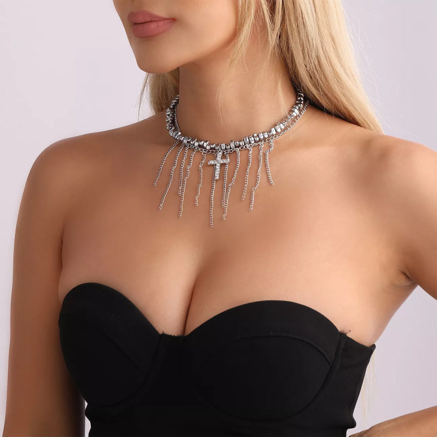 Zircon Cross Tassel Choker Necklace Silver / onesize Apparel and Accessories