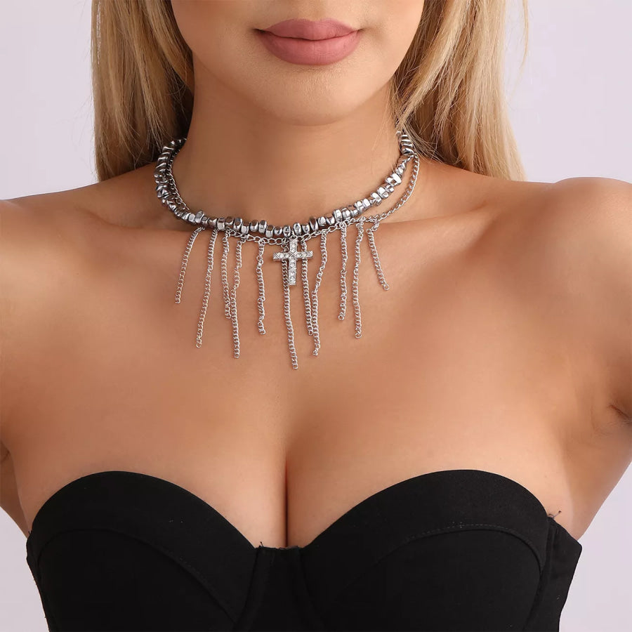 Zircon Cross Tassel Choker Necklace Silver / onesize Apparel and Accessories