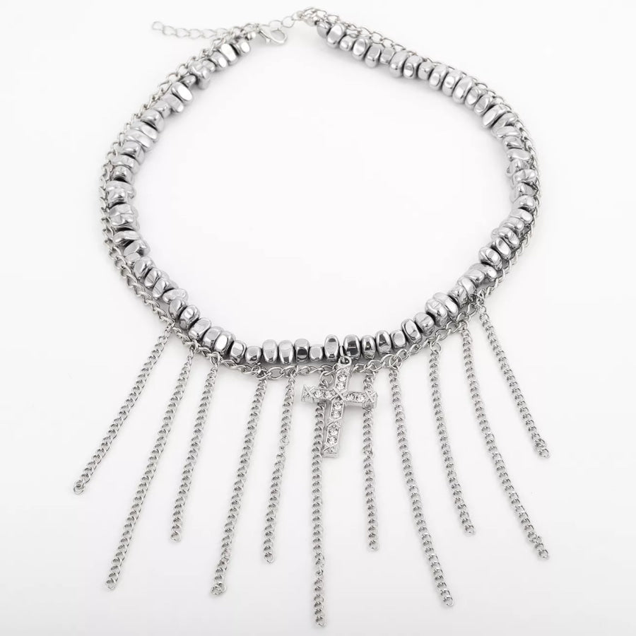 Zircon Cross Tassel Choker Necklace Silver / onesize Apparel and Accessories