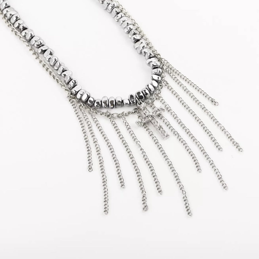 Zircon Cross Tassel Choker Necklace Silver / onesize Apparel and Accessories