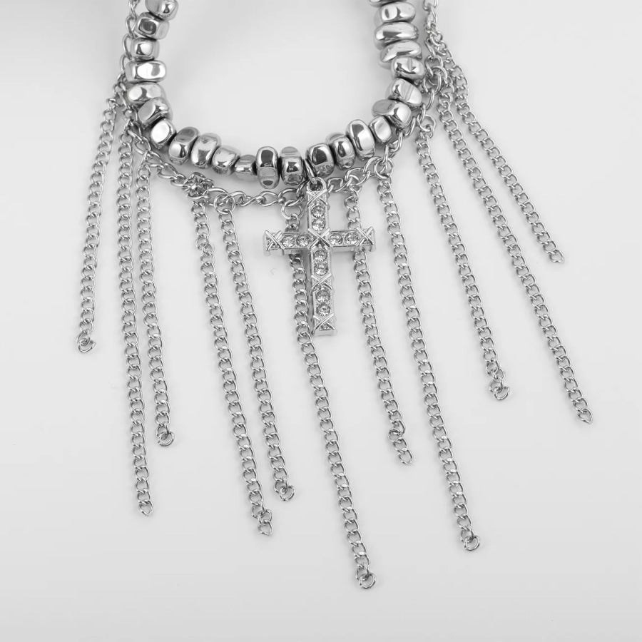 Zircon Cross Tassel Choker Necklace Silver / onesize Apparel and Accessories