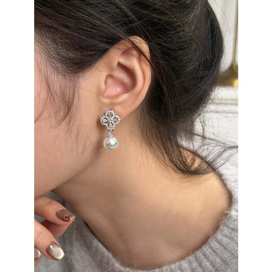 Zircon Four Leaf Clover Pearl Drop Earrings Silver / One Size Apparel and Accessories