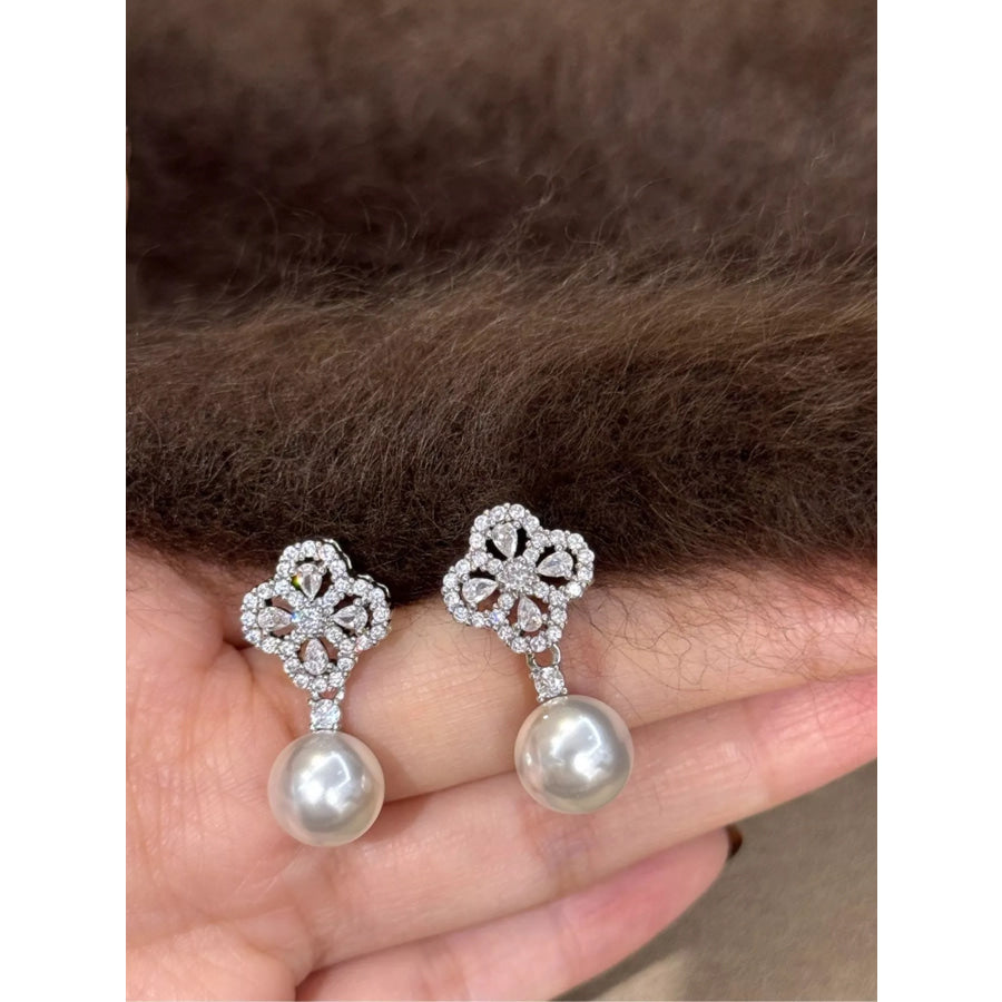 Zircon Four Leaf Clover Pearl Drop Earrings Silver / One Size Apparel and Accessories
