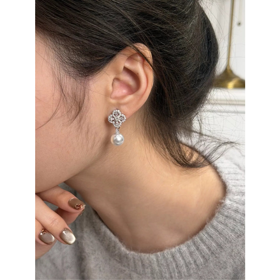 Zircon Four Leaf Clover Pearl Drop Earrings Silver / One Size Apparel and Accessories
