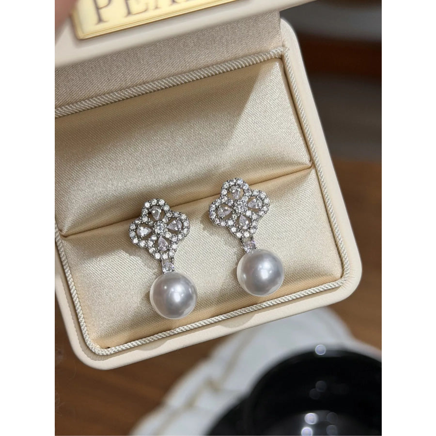 Zircon Four Leaf Clover Pearl Drop Earrings Silver / One Size Apparel and Accessories