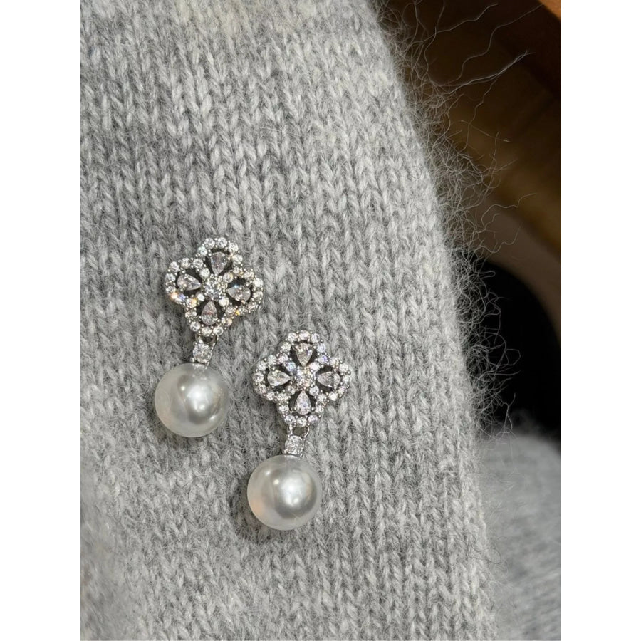 Zircon Four Leaf Clover Pearl Drop Earrings Silver / One Size Apparel and Accessories