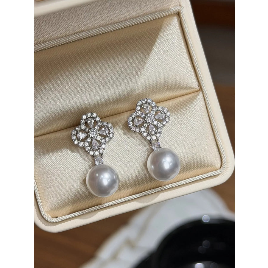 Zircon Four Leaf Clover Pearl Drop Earrings Silver / One Size Apparel and Accessories