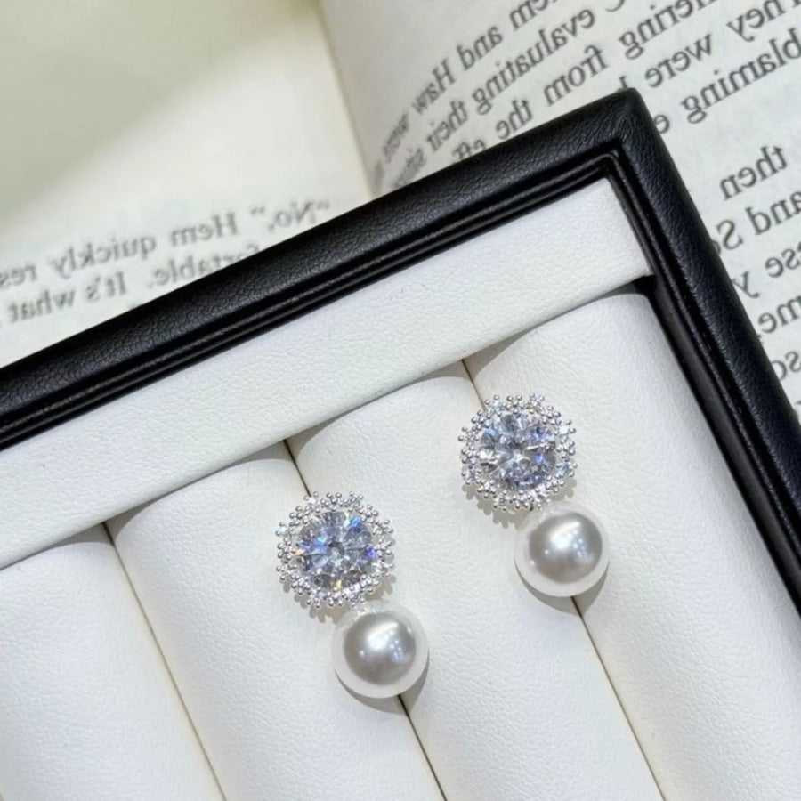 Zircon Pearl Drop Earrings Silver / One Size Apparel and Accessories