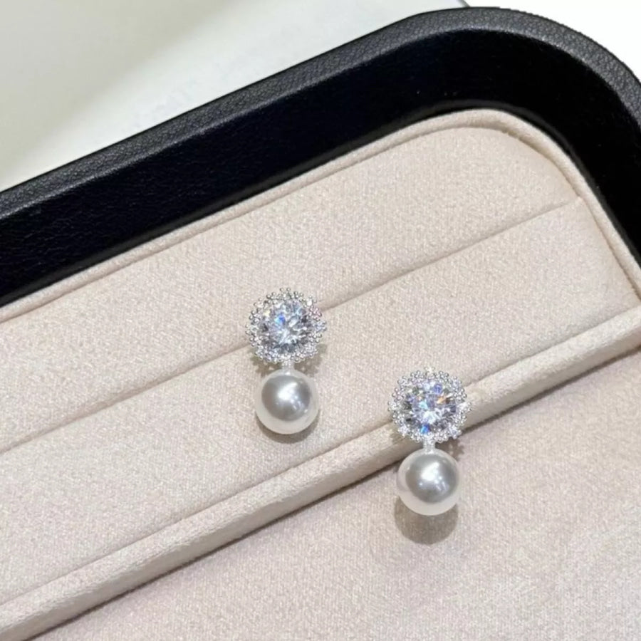 Zircon Pearl Drop Earrings Silver / One Size Apparel and Accessories