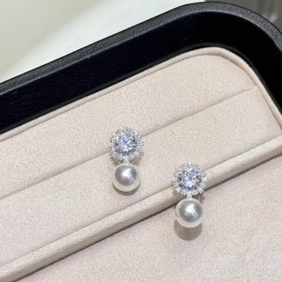 Zircon Pearl Drop Earrings Silver / One Size Apparel and Accessories