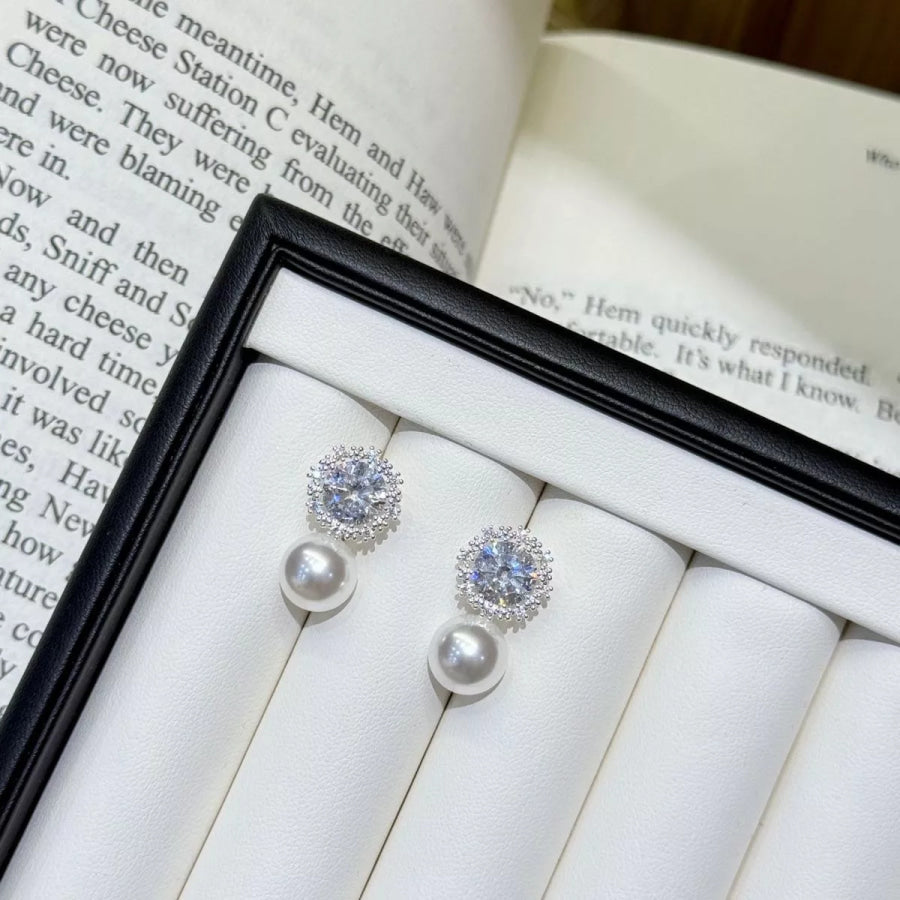 Zircon Pearl Drop Earrings Silver / One Size Apparel and Accessories