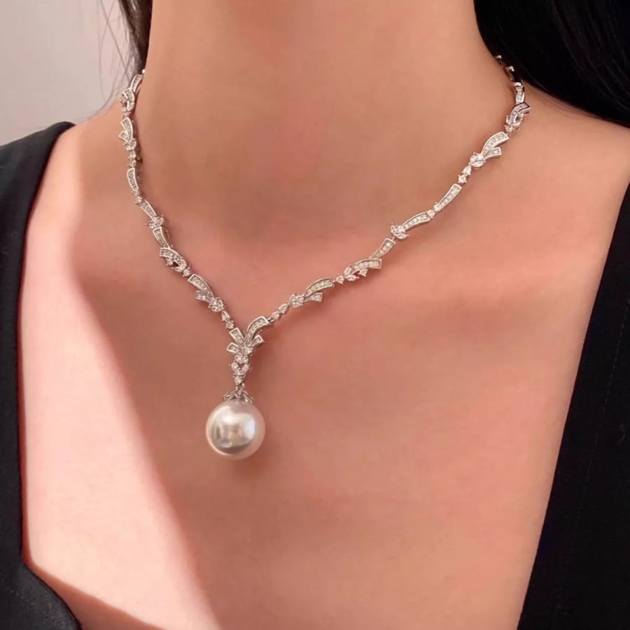 Zircon Pearl Pendant Necklace Silver / One Size Apparel and Accessories