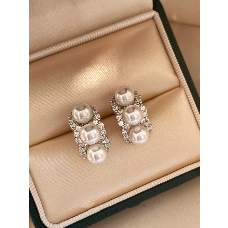 Zircon Triple Pearl Drop Earrings Silver / One Size Apparel and Accessories
