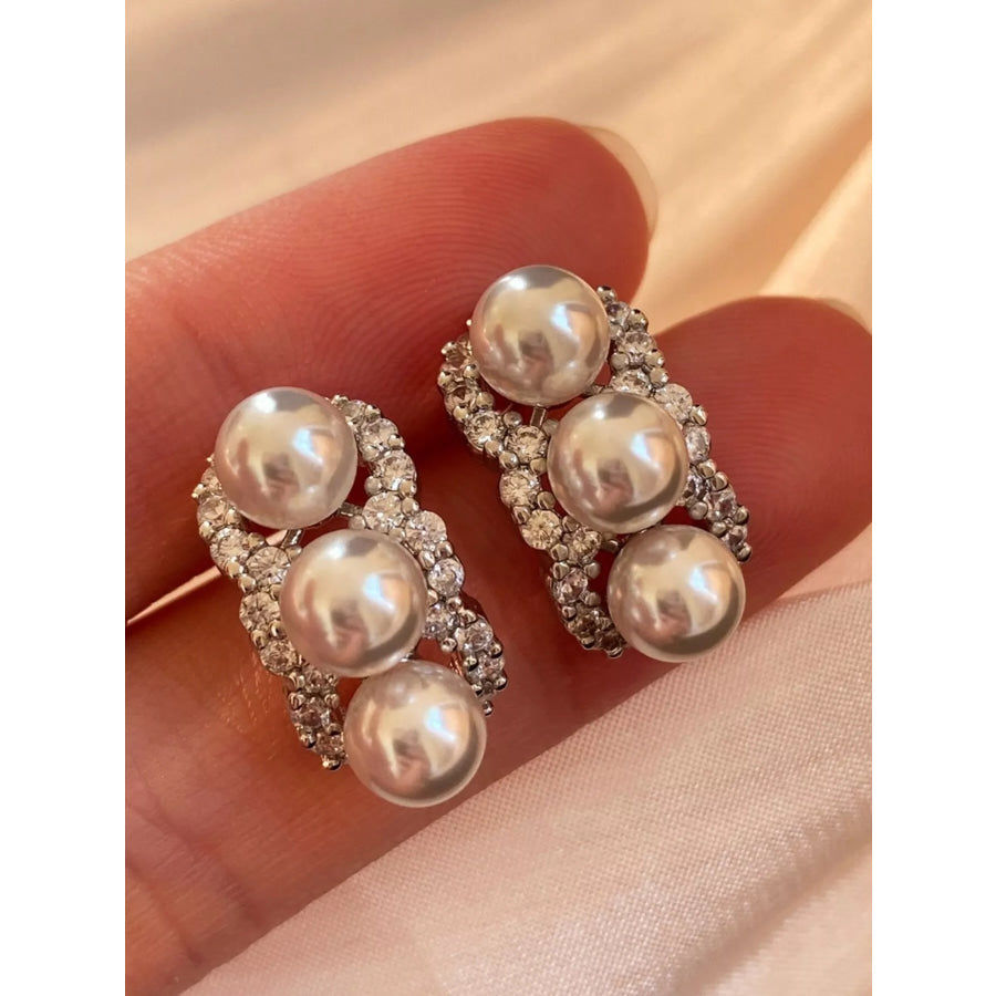 Zircon Triple Pearl Drop Earrings Silver / One Size Apparel and Accessories