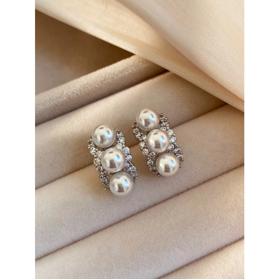 Zircon Triple Pearl Drop Earrings Silver / One Size Apparel and Accessories