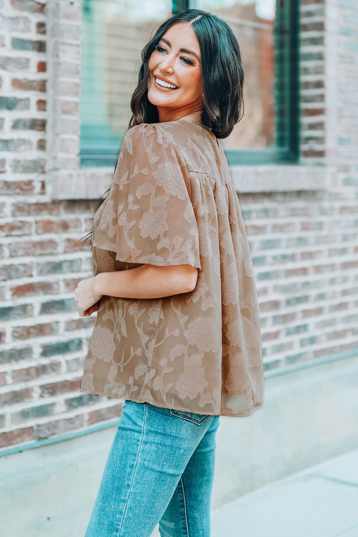 Green Floral Textured Ruffled Half Sleeve Babydoll Top