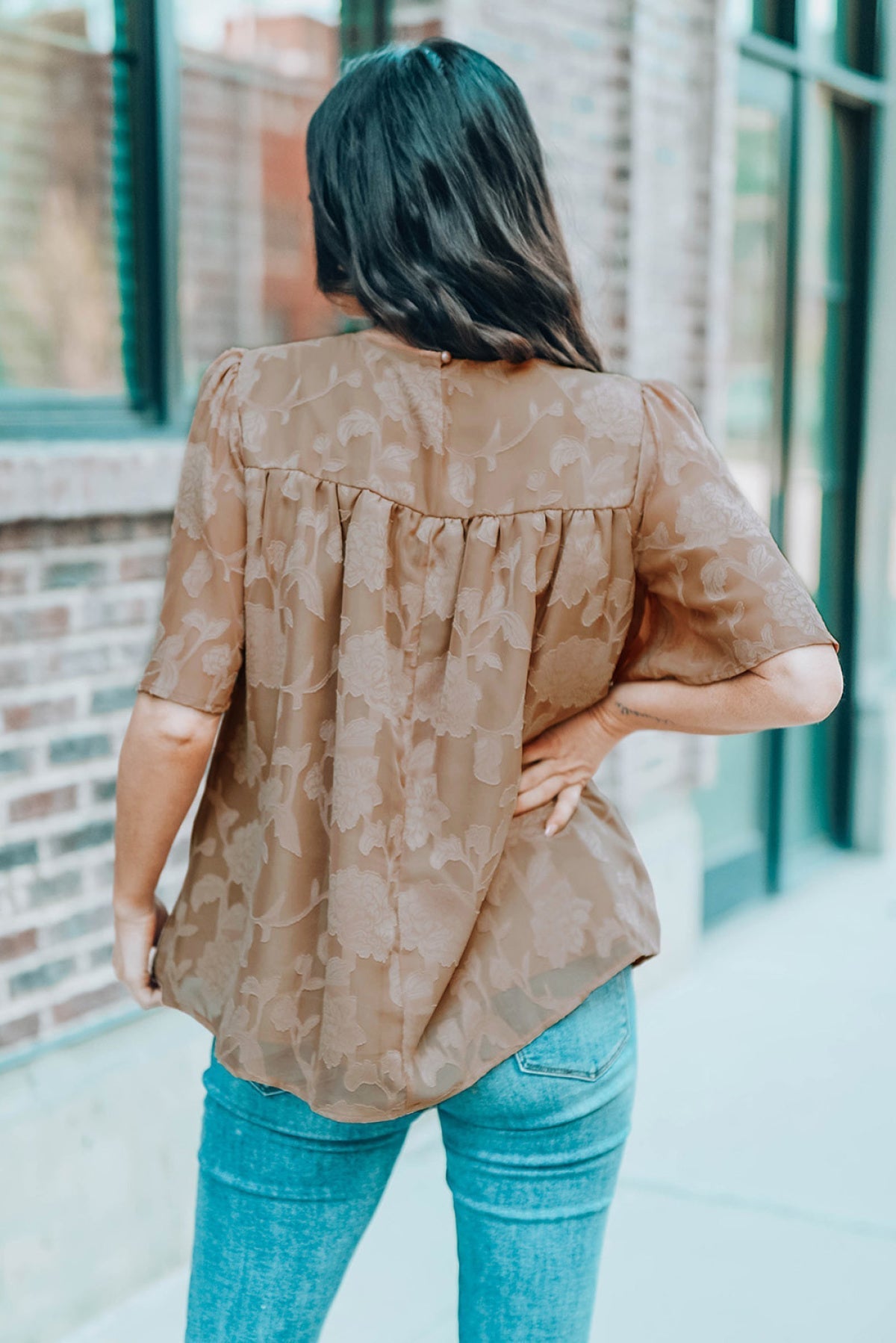 Green Floral Textured Ruffled Half Sleeve Babydoll Top