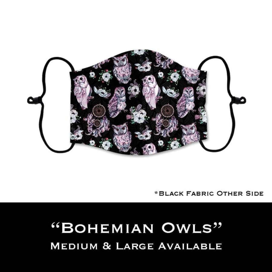 Coming Soon! NEW PRINTS! ADULT Custom Design Face Masks with filter pocket Bohemian Owls / Adult Medium Face Cover