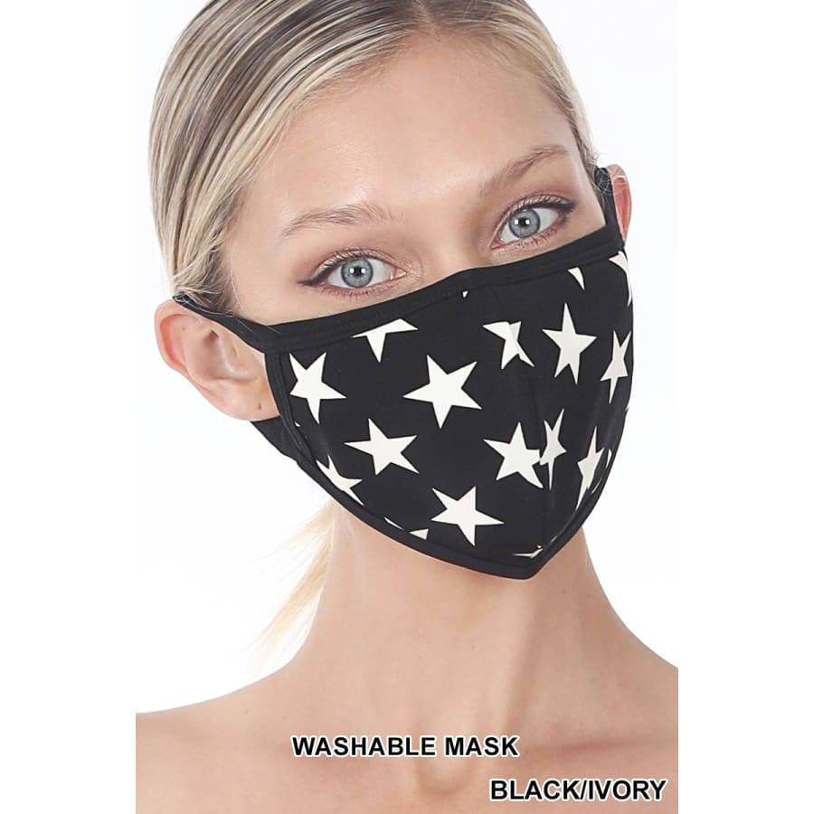 NEW! Assorted Print Masks - Poly/Cotton with Cotton Lining Black/Ivory Stars Face Cover