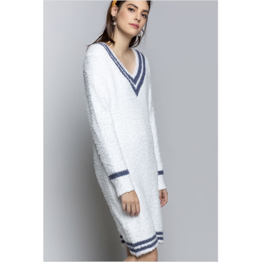 NEW! Berber Fleece Contrast Stripe Hem Pullover V-neck Dress Sleepwear