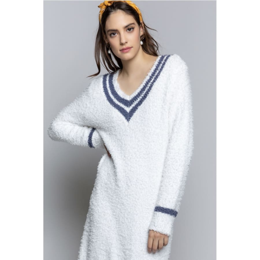 NEW! Berber Fleece Contrast Stripe Hem Pullover V-neck Dress Snow White / S Sleepwear