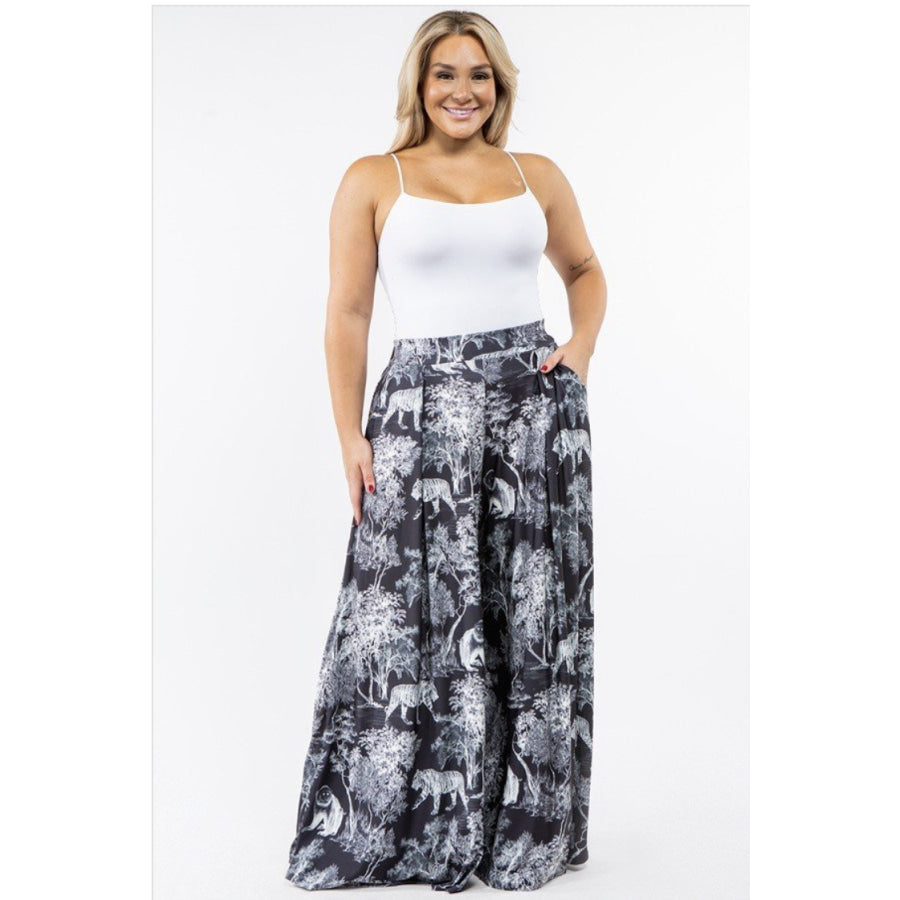 PREORDER Black and White Jungle Animals Plus Size Palazzo Pants with Pockets (ETA 3-4 weeks) Palazzo Pants