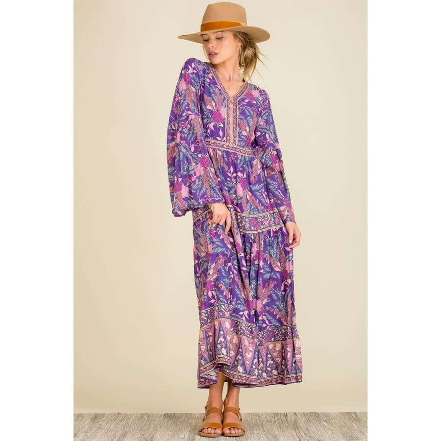 NEW! Long Wide Sleeve Boho Dress in Purple Floral Dresses