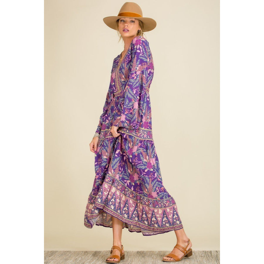 NEW! Long Wide Sleeve Boho Dress in Purple Floral Dresses