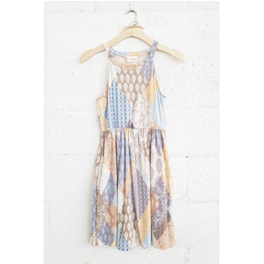 New! Boho Floral Patchwork Tiered Halter Dress with Pockets - Denim / Plum S / Denim / Plum Dress