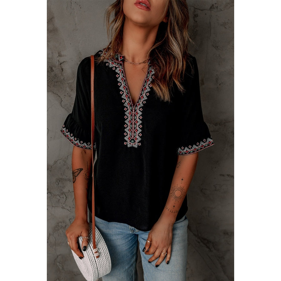 Boho Floral V Neck Casual Blouse Black / S Blouses