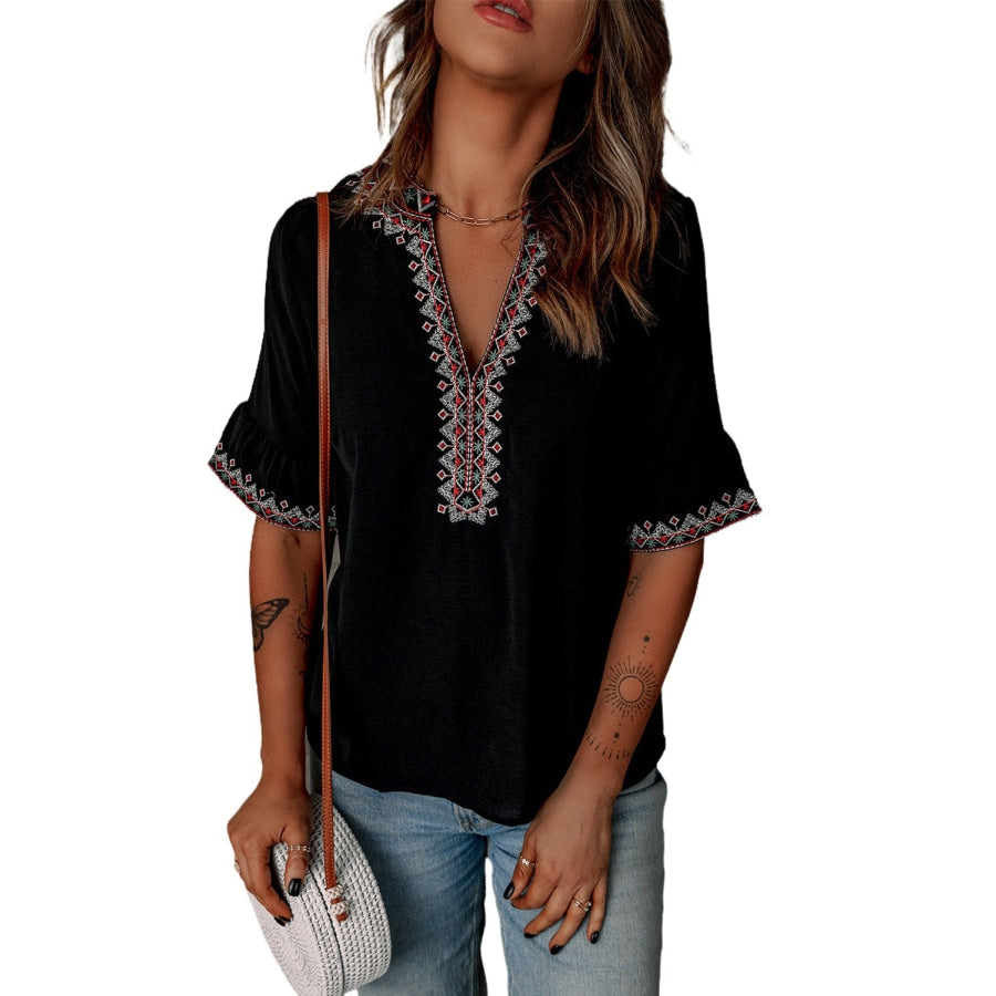 Boho Floral V Neck Casual Blouse Blouses