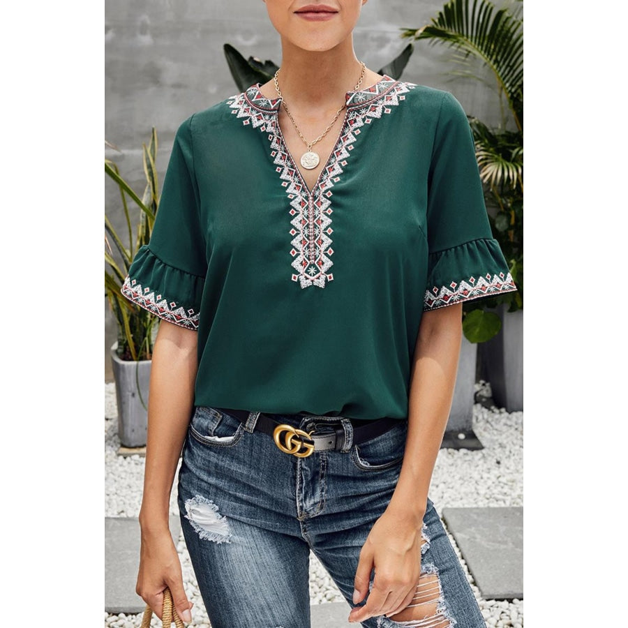 Boho Floral V Neck Casual Blouse Green / S Blouses