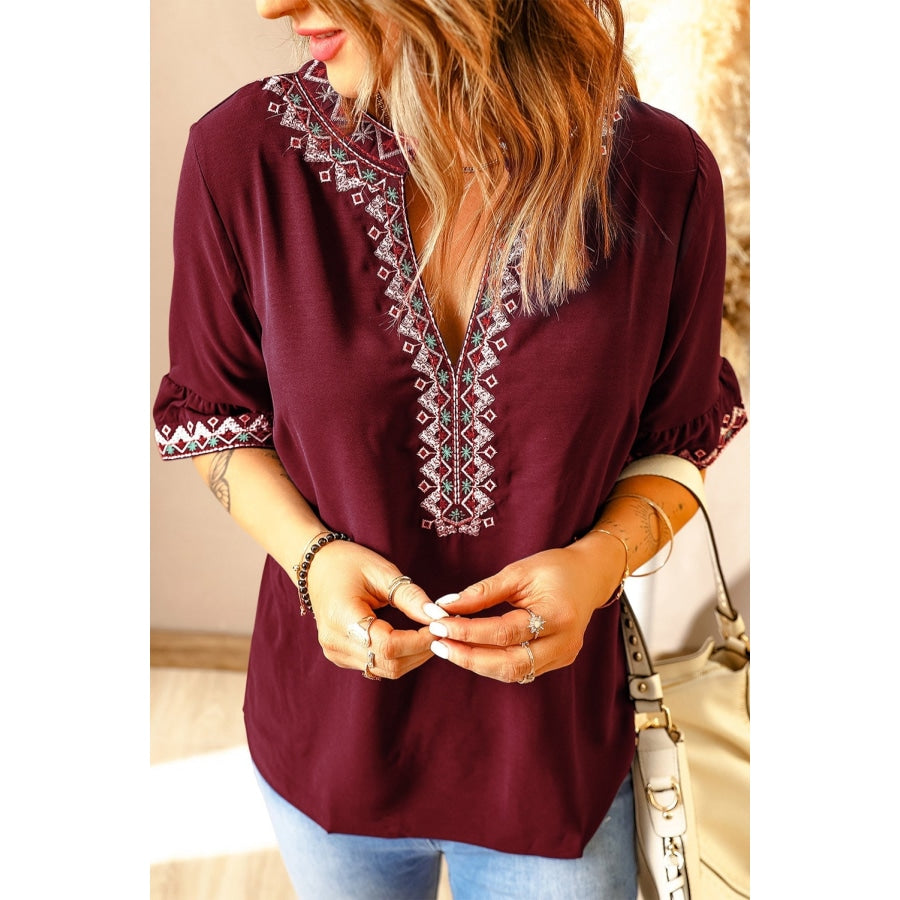 Boho Floral V Neck Casual Blouse Red / S Blouses