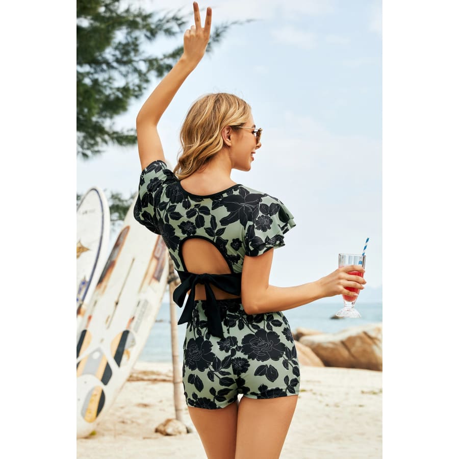 Botanical Print Flutter Sleeve Two-Piece Swim Set