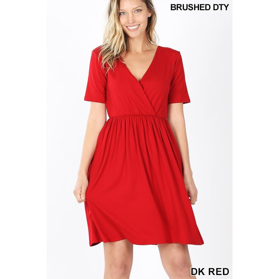NEW! Brushed DTY Buttery Soft Short Sleeve Surplice Dress with Pockets Dark Red / S Dresses