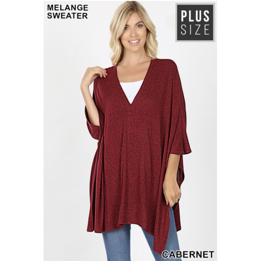 Coming Soon! Brushed Melange Sweater Fabric Oversize V-Neck Poncho Cabernet / 1XL Sweater Poncho