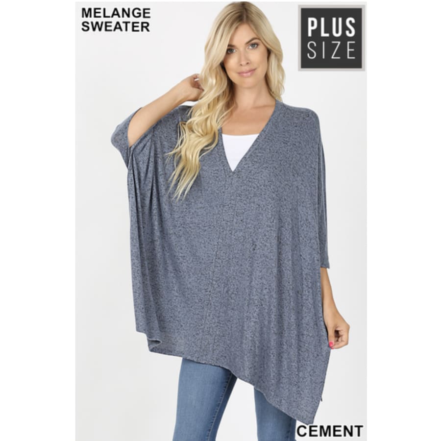 Coming Soon! Brushed Melange Sweater Fabric Oversize V-Neck Poncho Cement / 1XL Sweater Poncho