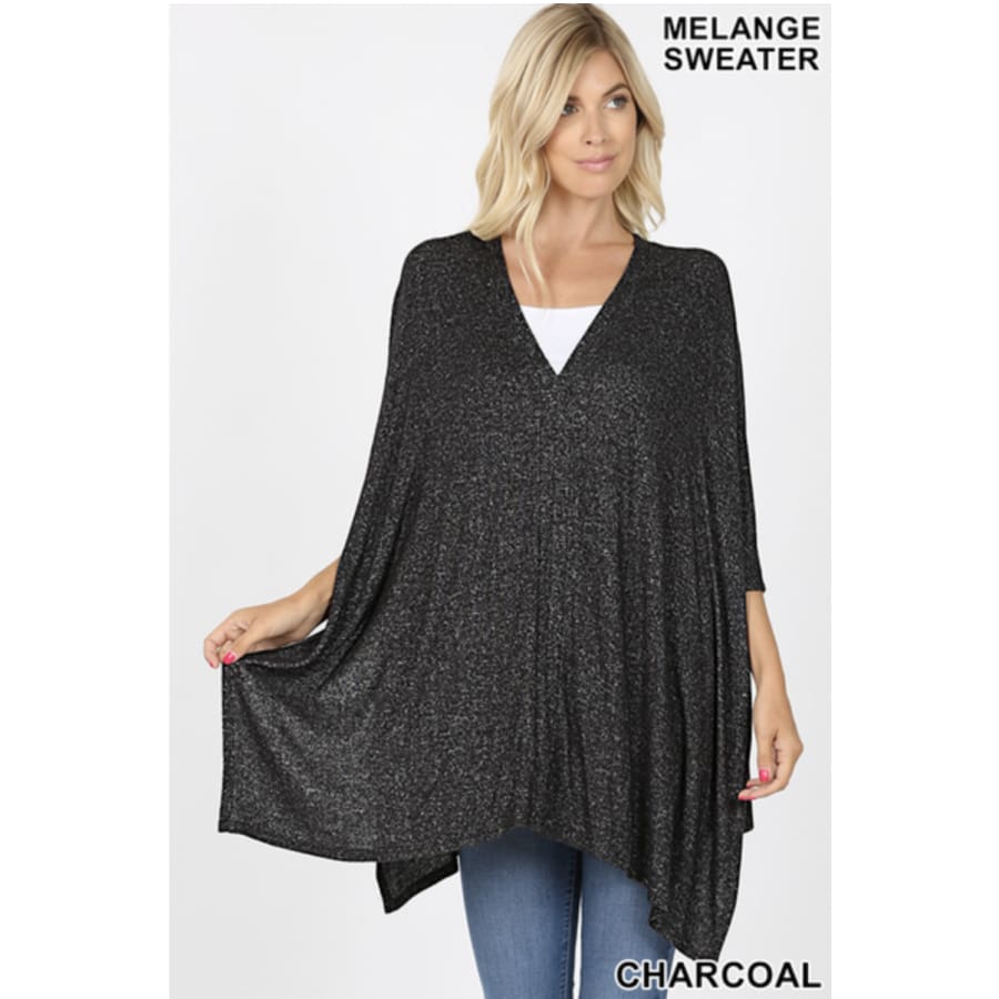 Coming Soon! Brushed Melange Sweater Fabric Oversize V-Neck Poncho Charcoal / S Sweater Poncho