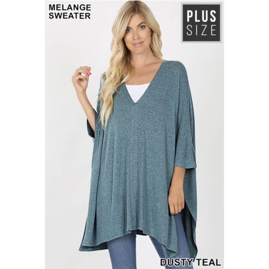 Coming Soon! Brushed Melange Sweater Fabric Oversize V-Neck Poncho Dusty Teal / 1XL Sweater Poncho