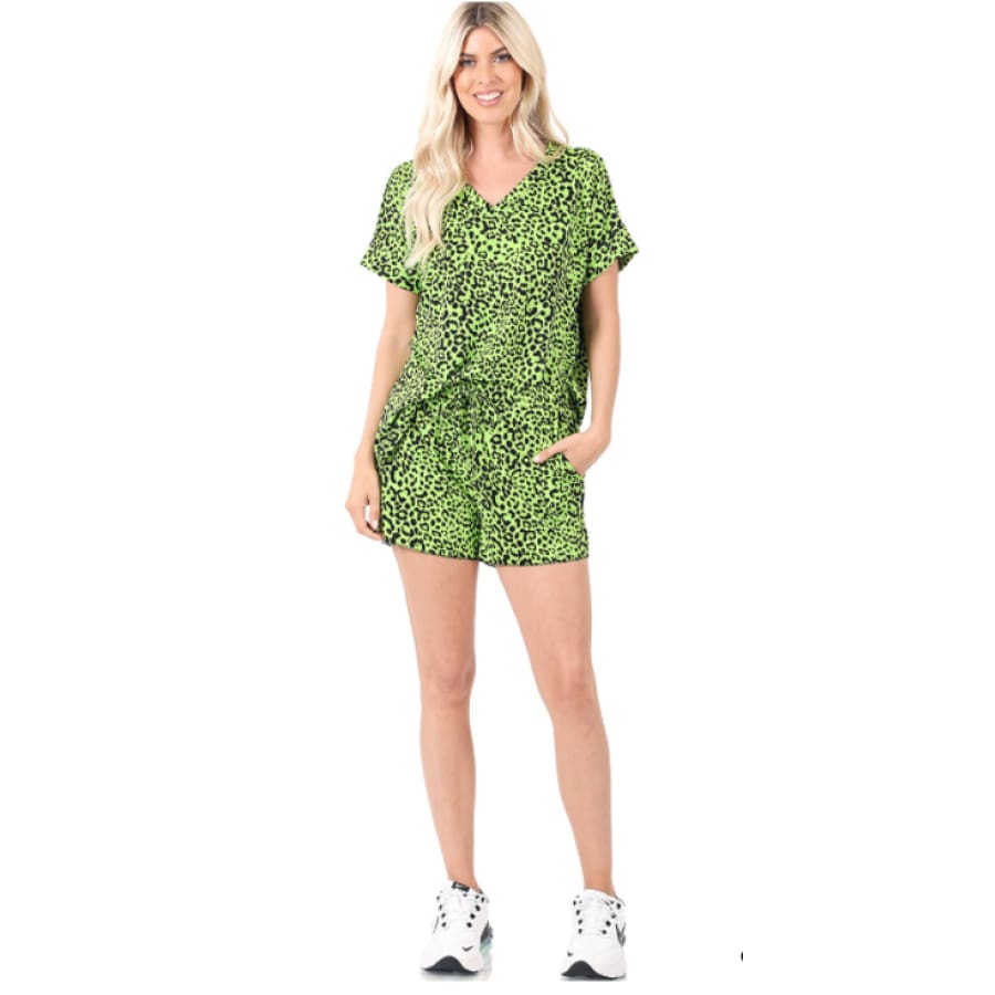 NEW! Buttery Soft Brushed DTY Green Leopard Print Top and Shorts Set Tops
