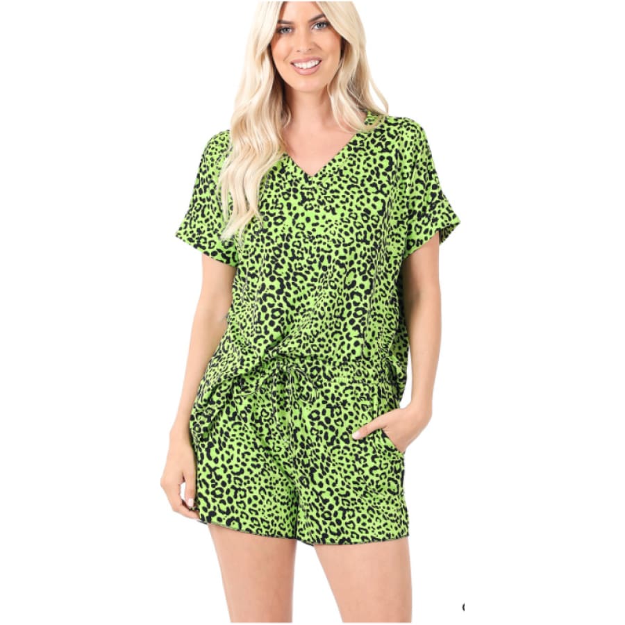 NEW! Buttery Soft Brushed DTY Green Leopard Print Top and Shorts Set S / Green Tops