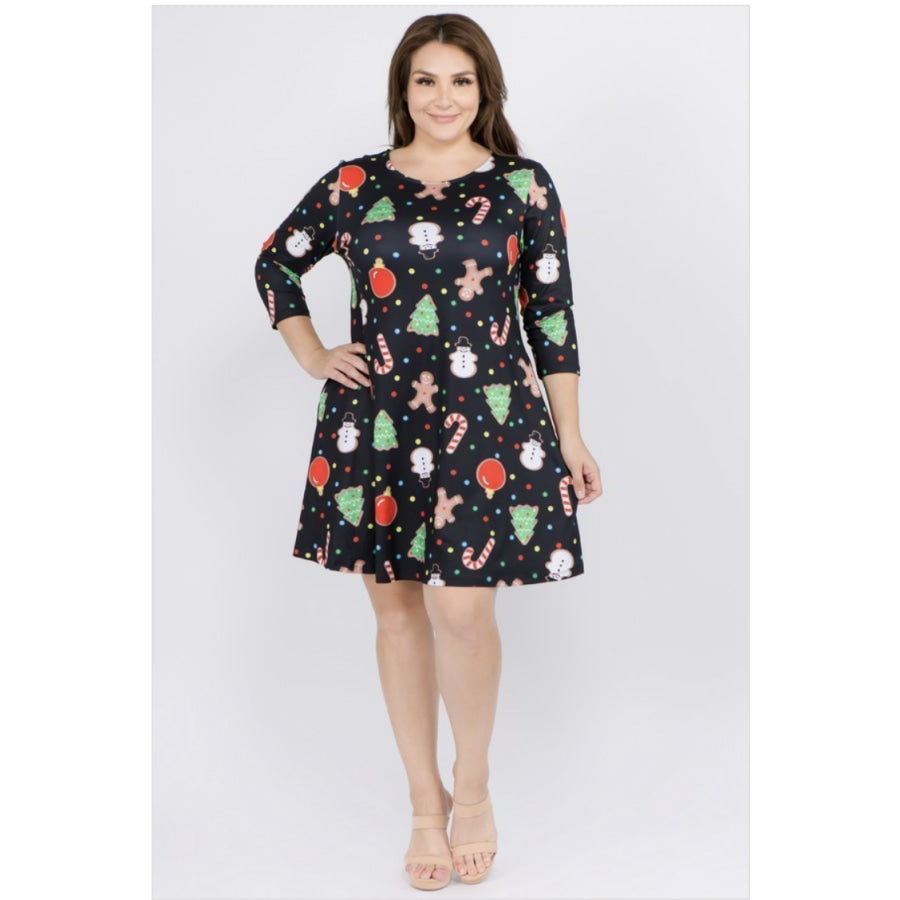 NEW In Stock! Buttery Soft Printed Flared Dress with Pockets! Black Christmas Faves / XL Dress