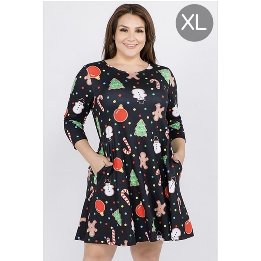 NEW In Stock! Buttery Soft Printed Flared Dress with Pockets! Black Christmas Faves / XL Dress