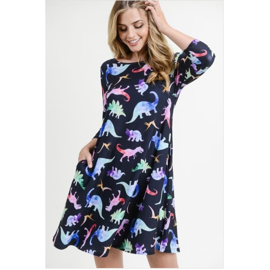 New! Buttery Soft Printed Flared Dress with Pockets! Dino Black / Small Dresses