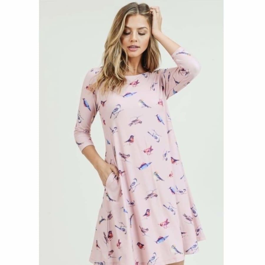 NEW In Stock! Buttery Soft Printed Flared Dress with Pockets! Whimsical Bird Dusty Rose / Small Dress
