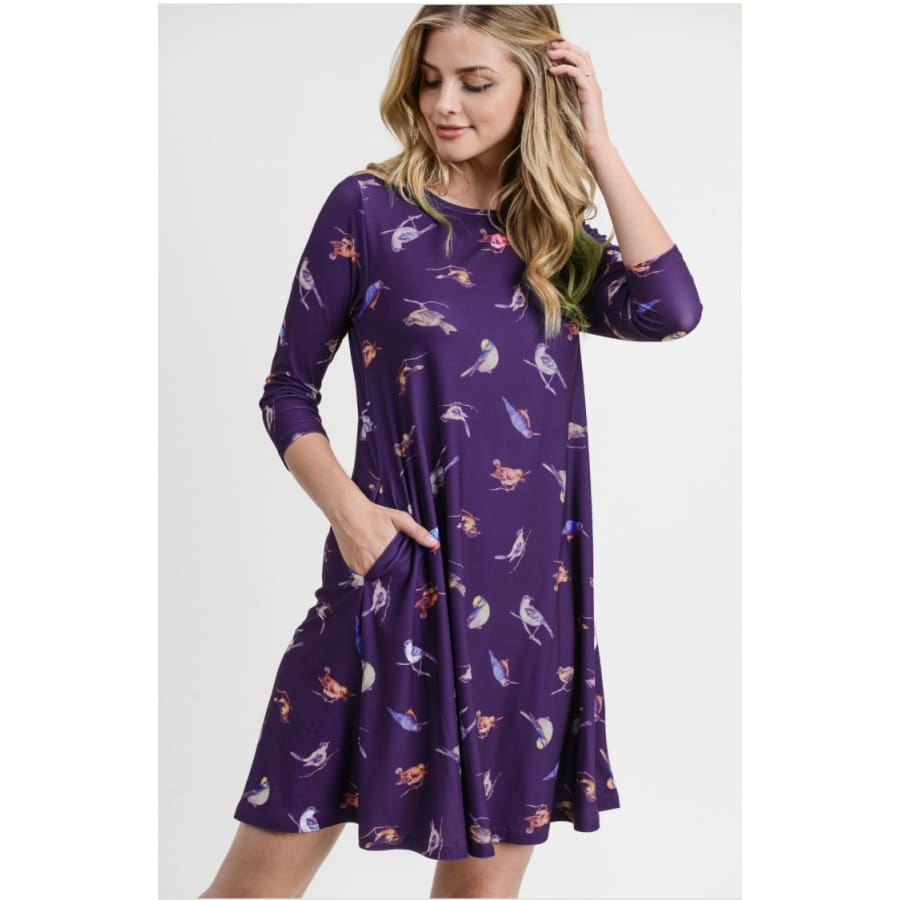 New! Buttery Soft Flared Dress with Pockets - Whimsical Birds - 2 Colours Indigo / Small Dresses
