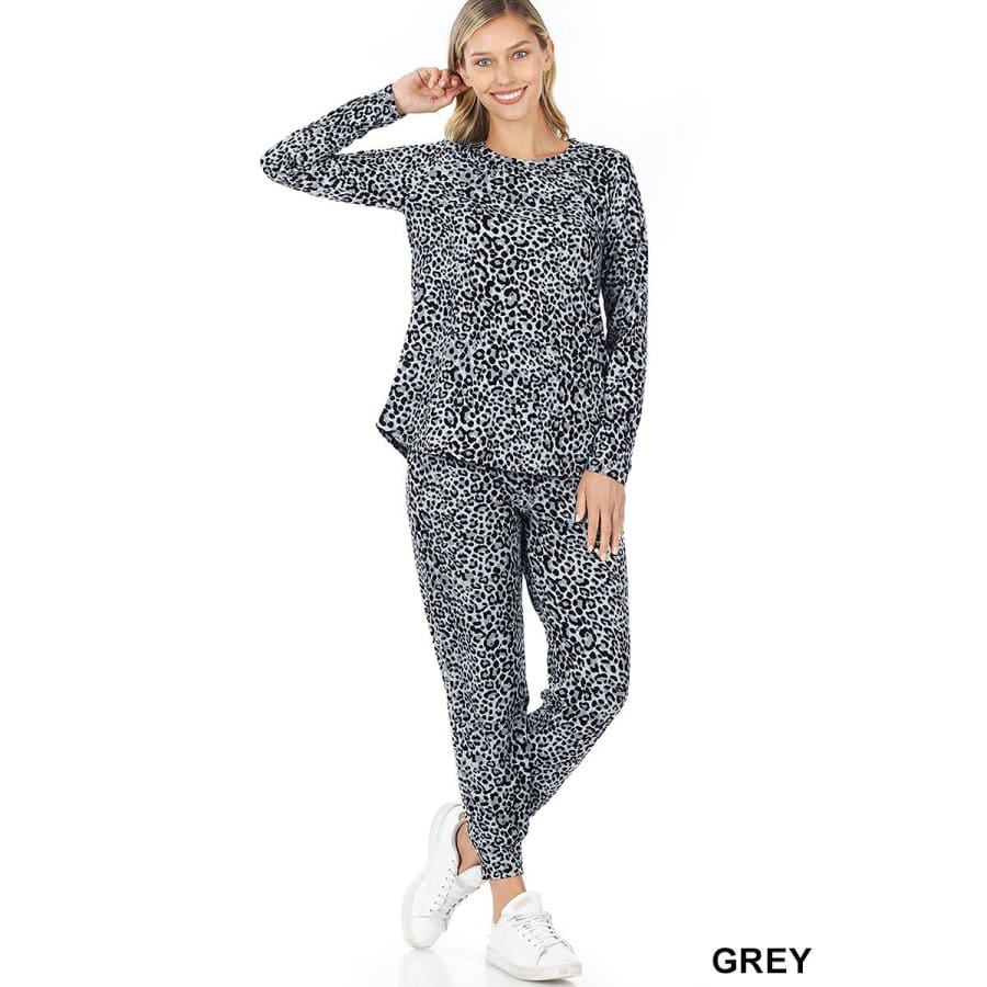 NEW! Buttery Soft Bright Leopard Print Brushed DTY Top and Jogger Set! Grey / S Tops