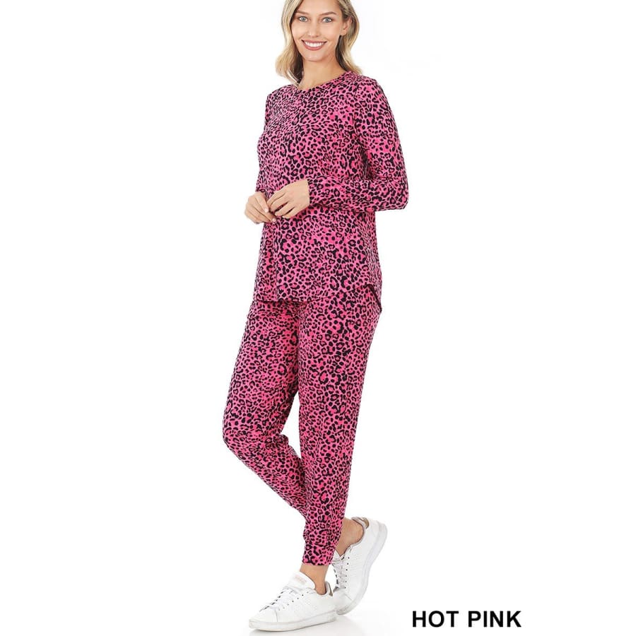 NEW! Buttery Soft Bright Leopard Print Brushed DTY Top and Jogger Set! Hot Pink / S Tops
