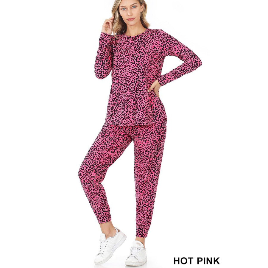 NEW! Buttery Soft Bright Leopard Print Brushed DTY Top and Jogger Set! Hot Pink / S Tops