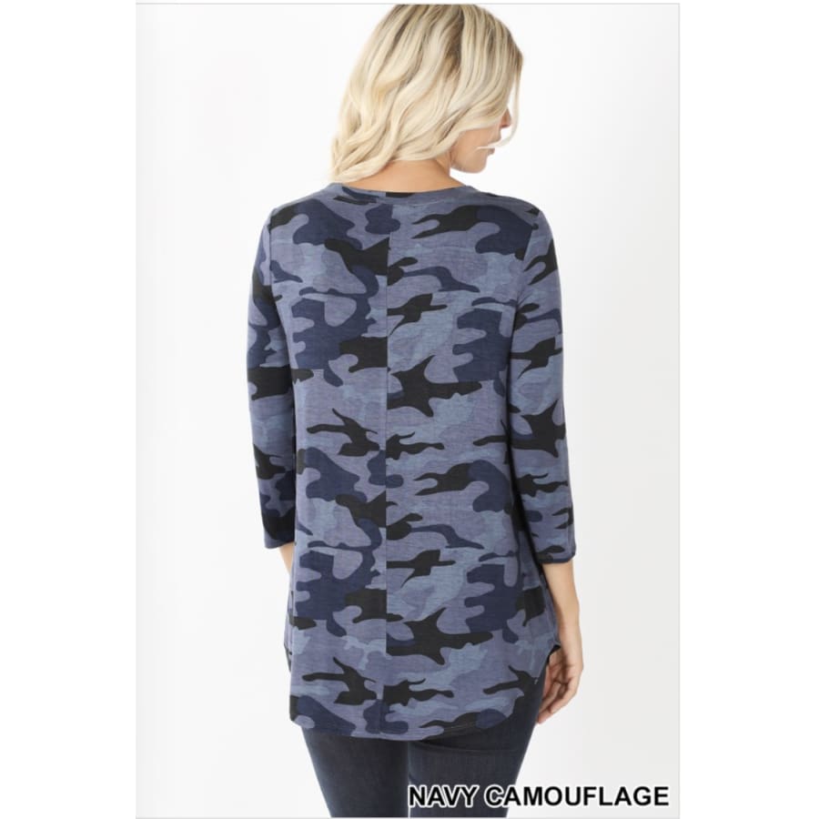 NEW! Camouflage Print 3/4 Sleeve Round Neck and Hem Top Tops